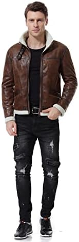 AOWOFS Men’s Faux Leather Jacket Brown Motorcycle Bomber Shearling Suede Stand Collar