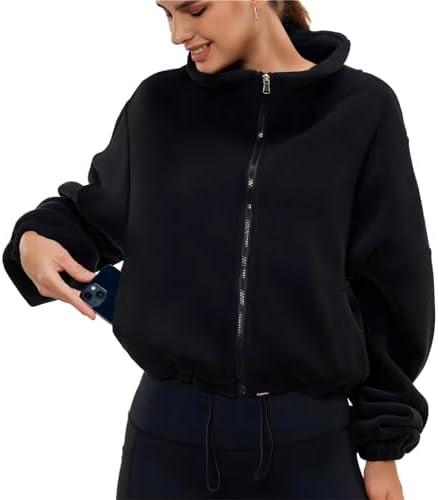 HAOZHIYU Women’s Sweatshirts Sherpa Jacket Zip Crop Top Fuzzy Jacket Full Zip Stand Collar Teddy Crop Coat