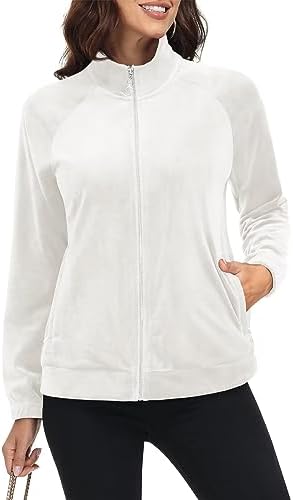 MAGCOMSEN Women’s Velour Jackets Full Zip-up Velvet Top 2 Zipper Pockets Lightweight Soft Casual Winter Warm Jacket