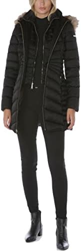 LAUNDRY BY SHELLI SEGAL Women’s 3/4 Puffer Jacket With Detachable Faux Fur Strip and Bib Down Alternative Coat, Vintage Black, Small US