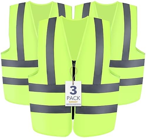 BURVAGY 3-Pack Reflective Safety Vest For Women Men – High-Visibility Safety Vest with 2in Reflective Strips for Emergency, Construction, and Safety Use- Neon Green