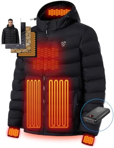 Men’s Heated Jacket With 12V Battery Pack-Insulated Lightweight Hooded Hand-Heating Electric Heated Puffer Jacket