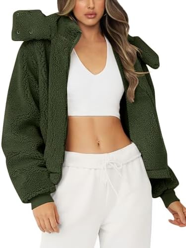 Micoson Womens Crop Faux Fur Coat Winter Full Zip Sherpa Fleece Jacket Long Sleeve Warm Fuzzy Outerwear with Hooded