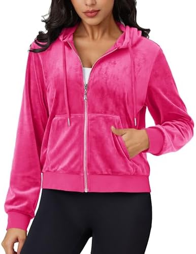 MAGCOMSEN Women’s Velour Crop Hoodie Jacket Long Sleeve Zip Up Tops Soft Casual Velvet Jacket with Pockets