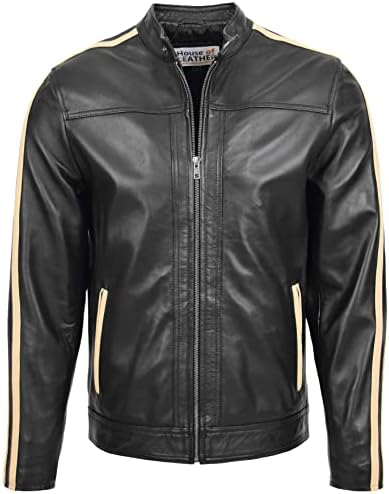 Mens Real Leather Biker Jacket with Racing Stripes Clyde Black