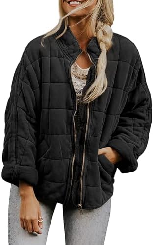 ROJZR Womens Dolman Quilted Jackets Lightweight Full Zip Long Sleeve Winter Warm Outerwear Coats with Pockets