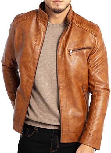 WULFUL Men’s Stand Collar Leather Jacket Motorcycle Lightweight Faux Leather Outwear