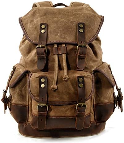 WUDON Men Travel Backpack, Genuine Leather-Waxed Canvas Shoulder Hiking Rucksack