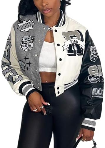 Glitrandi Varsity Jacket Women with Patches Print Cropped Bomber Leather Jacket Women 2024 S-XXL