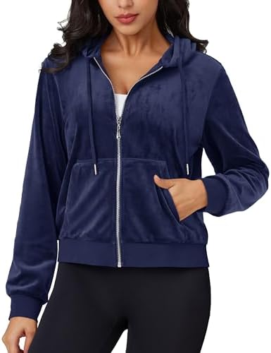 MAGCOMSEN Women’s Velour Crop Hoodie Jacket Long Sleeve Zip Up Tops Soft Casual Velvet Jacket with Pockets