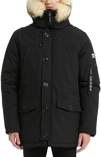 PUREMSX Men’s Quilted Jacket Parka Insulated Thicken Fur Hooded Heavy Duty Padded Overcoat