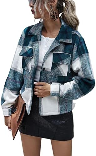 Happlan Women’s Flannel Plaid Shacket Cropped Destroyed Button Down Jacket Shirt Coat Tops