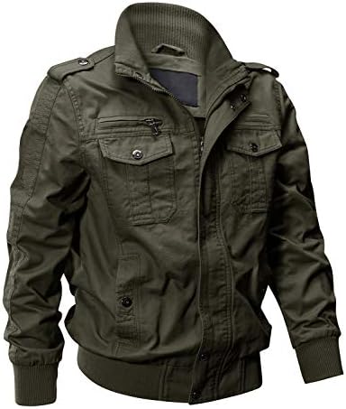 EKLENTSON Men’s Cotton Lightweight Multi Pockets Zip Front Stand Collar Military Jackets Windbreaker