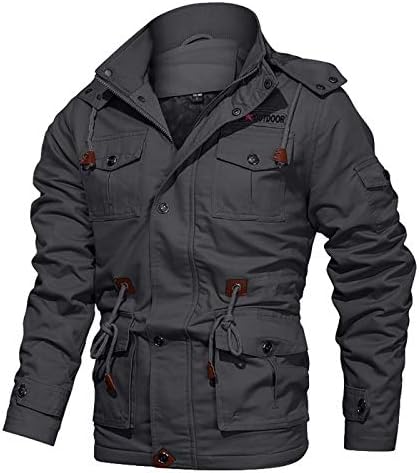 BIYLACLESEN Men’s Winter Cotton Cargo Jackets 8 Pockets Windbreaker Fleece Lined Coat Stand Collar Work Jacket