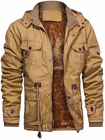 CHEXPEL Men’s Thick Winter Jackets with Hood Fleece Lining Cotton Military Jackets Work Jackets with Cargo Pockets