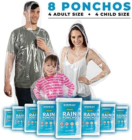 Disposable Rain Poncho Family 8 Pack: Clear Emergency Raincoat Ponchos w/Hood for Adults & Kids – Heavy Duty One Size Fits All Waterproof Travel Plastic Rain Jacket for Adult Men & Women or Children