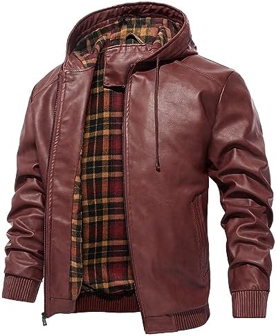Tigerspot Men’s Faux Leather Jacket Motorcycle Bomber PU Vintage Casual Warm Winter Coat With Hood