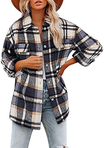 happlan Long Sleeve Casual Plaid Shacket Jackets Shirts Lapel Tweed Pea Coat For Women