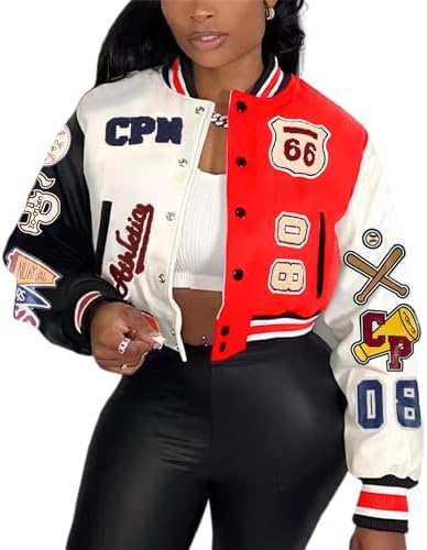 Varsity Jacket Women with Patches Print Cropped Bomber Leather Jacket Women 2024 S-XXL