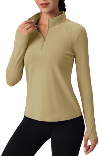 MAGCOMSEN Women’s Quarter Zip Fleece Pullover Shirts with Pockets Slim Fit Athletic Workout Running Jackets with Thumb Holes