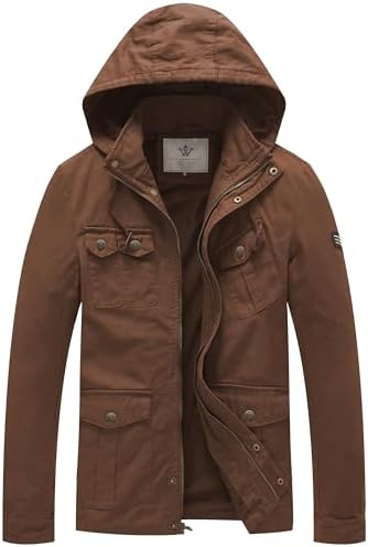 WenVen Men’s Casual Canvas Cotton Jacket Hooded Military Utility Jacket