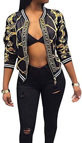 Women’s Baseball Biker Bomber Jacket Long Sleeve Zip up Printed Casual Short Coat