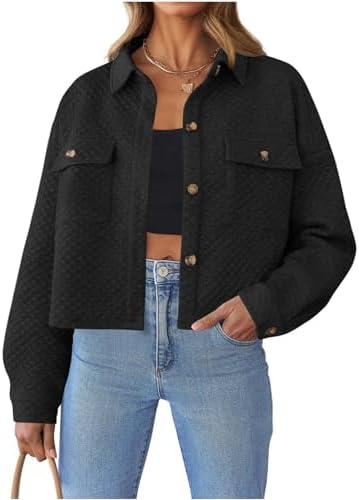 Fashion Shacket Women Cropped Jackets Casual Long Sleeve Button Down Short Shirt Shacket with Pockets