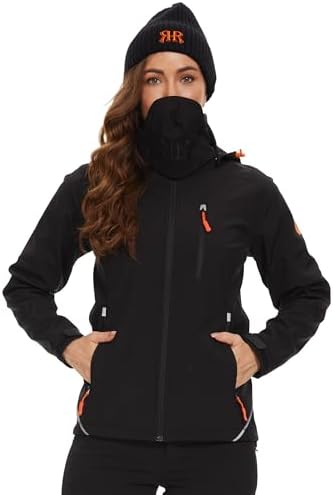 Women’s Softshell Jacket Fleece Lined Waterproof Midlayer Jacket Camping Windproof Removable Hood Black