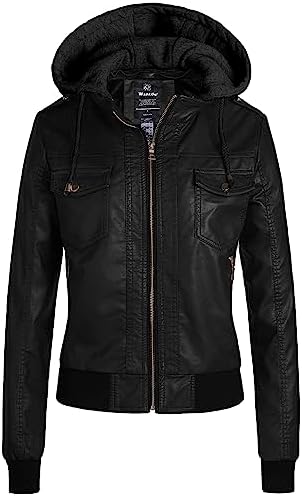 wantdo Women’s Lightweight Leather Jacket Casual Motorcycle PU Biker Coat with Removable Hood