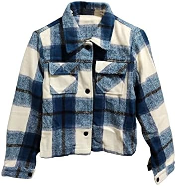 Happlan Women’s Flannel Plaid Shacket Cropped Destroyed Button Down Jacket Shirt Coat Tops