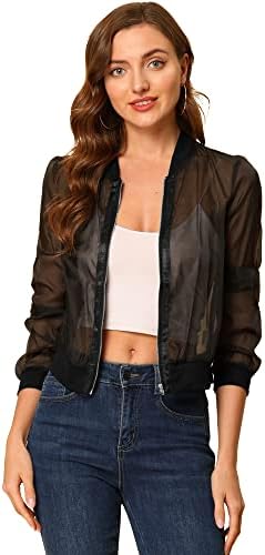 Allegra K Mesh Jacket for Women’s See Through Long Sleeve Sheer Zip Up Bomber Jacket