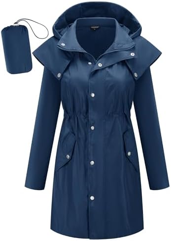 Avoogue Women’s Long Rain Jackets Waterproof Lightweight Hooded Packable Rain Coats Detachable Cape
