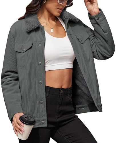 MAGCOMSEN Women’s Corduroy Jacket Sherpa Fleece Lined Coat Button Up Warm Casual Heavyweight Trucker Jacket with Pockets