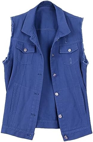 XIOLKI Women’s Lapel Blue Denim Vest Buttoned Vest Jacket