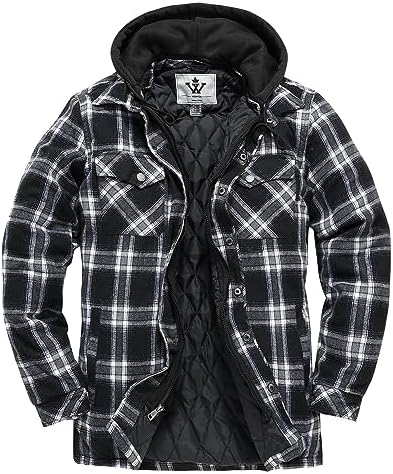WenVen Men’s Thicken Plaid Flannel Quilted Shirts Jacket with Removable Hood