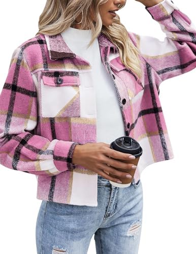 Zeagoo Flannels for Women Cropped Shacket Jacket Fashion Plaid Button Down Shirt 2023 Fall Coat Tops