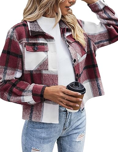 Zeagoo Flannels for Women Cropped Shacket Jacket Fashion Plaid Button Down Shirt 2023 Fall Coat Tops
