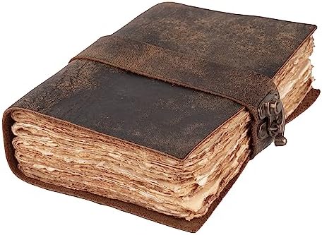 LEATHER VILLAGE Leather Bound Vintage Journal for Women & Men – Book of Shadows – Lock Closure – 200 Pages of Antique Deckle Edges Handmade Paper – Rustic Brown Color – 7 X 5 inches