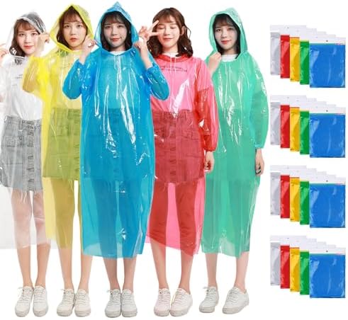 SUSESKPY 20 Pack Disposable Rain Ponchos, 5 Color Rain Coats with Hood for Adults Individually