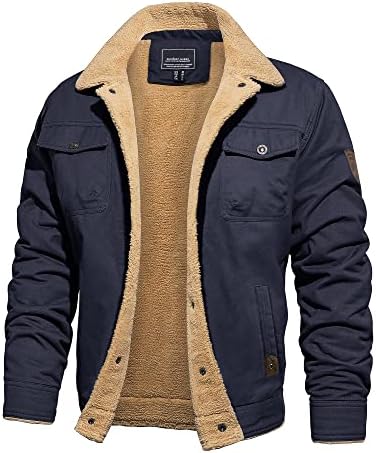 CRYSULLY Men’s Winter Cargo Jacket Fur Collar Fleece Casual Warm Cotton Military Coat