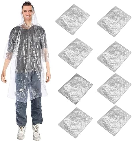 LLMSIX Disposable Rain Ponchos 8 Pack Emergency Poncho Family Pack Clear Rain Jacket with Hood Thickened Lightweight Rain Ponchos for Kids Adults Men Women One Size Fits All