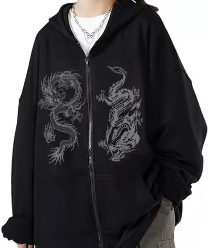 Women’s Y2K Jacket Zip Up Hoodie E-Girl Dragon Print Coat with Pockets