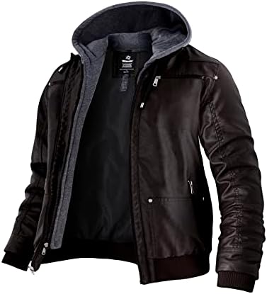 wantdo Men’s Faux Leather Jacket with Removable Hood Motorcycle Jacket Casual Warm Winter Coat