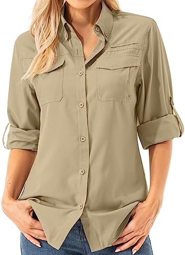 Womens UPF 50+ UV Sun Protection Safari Shirts Long Sleeve Outdoor Cool Quick Dry Fishing Hiking Gardening Shirts