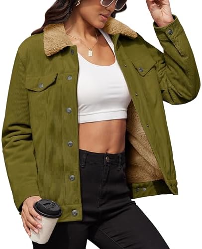 MAGCOMSEN Women’s Corduroy Jacket Sherpa Fleece Lined Coat Button Up Warm Casual Heavyweight Trucker Jacket with Pockets
