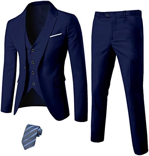 MYS Men’s 3 Piece Slim Fit Suit Set, One Button Solid Jacket Vest Pants with Tie