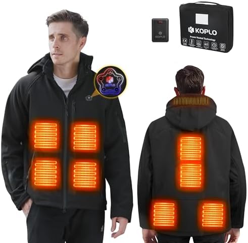 Men’s Heated Jacket with Detachable Hood, Waterproof Outdoor Heating Jacket with 7.4V 14400mAh Battery Pack
